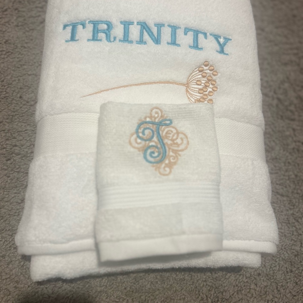 Personalized White Towel Set with Blue and Tan Embroidery